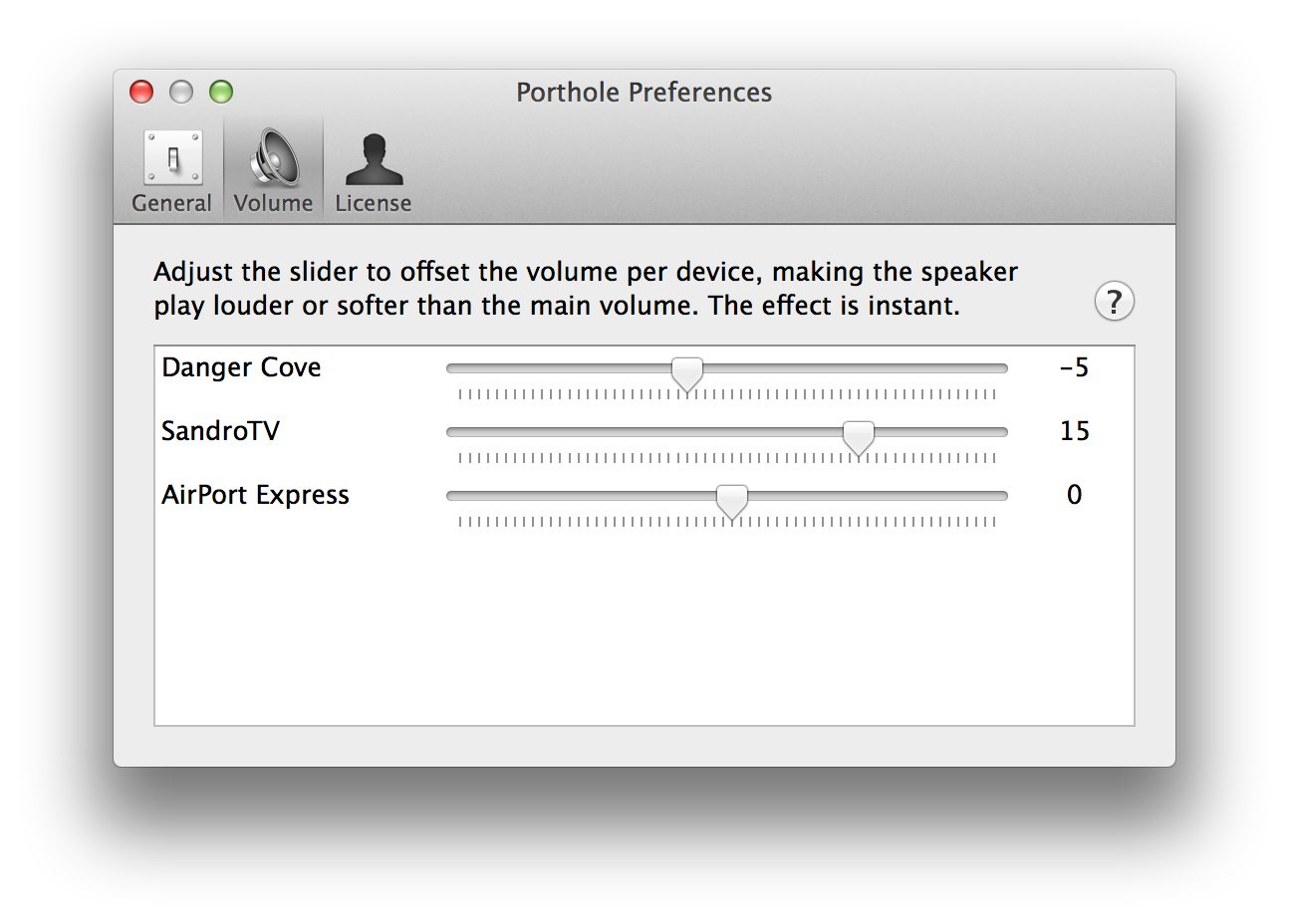 Screenshot of Porthole's per speaker volume control