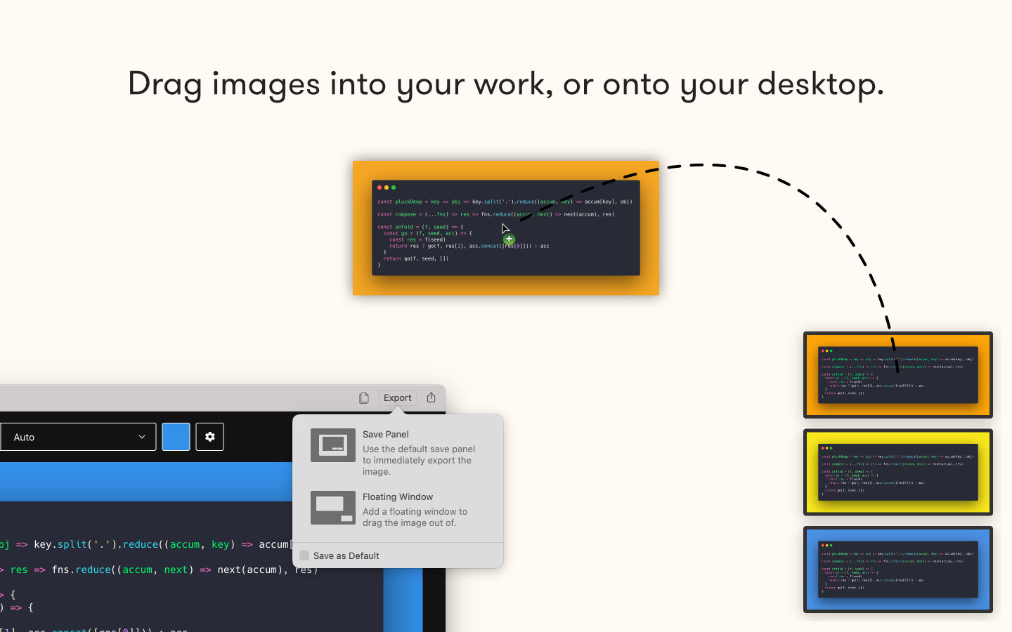 App Store image showing several of Petrify's floating export windows with caption: Drag images right into your work, or onto your desktop.