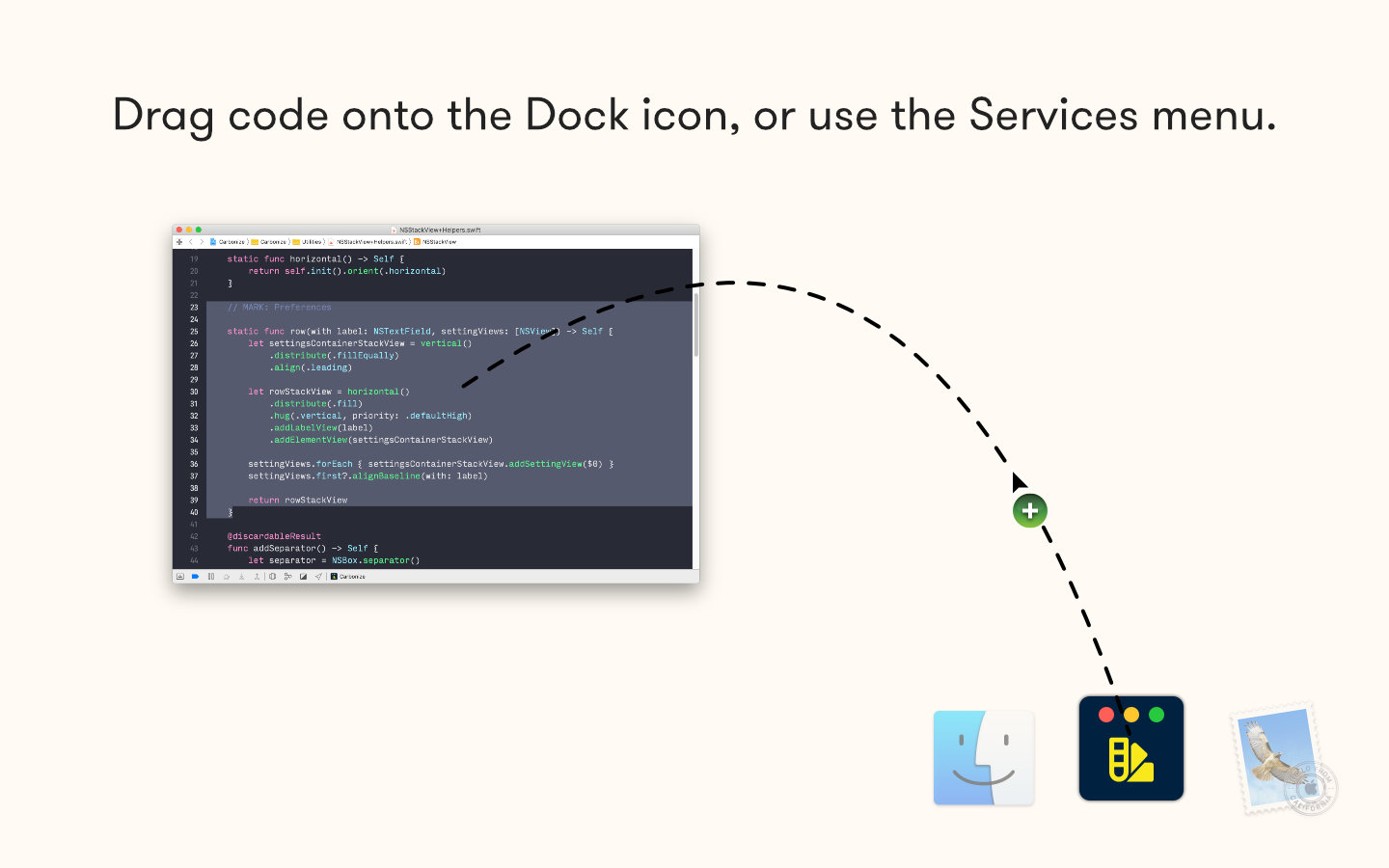 App Store image showing how to drag code from another app onto Petrify's Dock icon with caption: Drag code right onto the Dock, or use the Services menu.