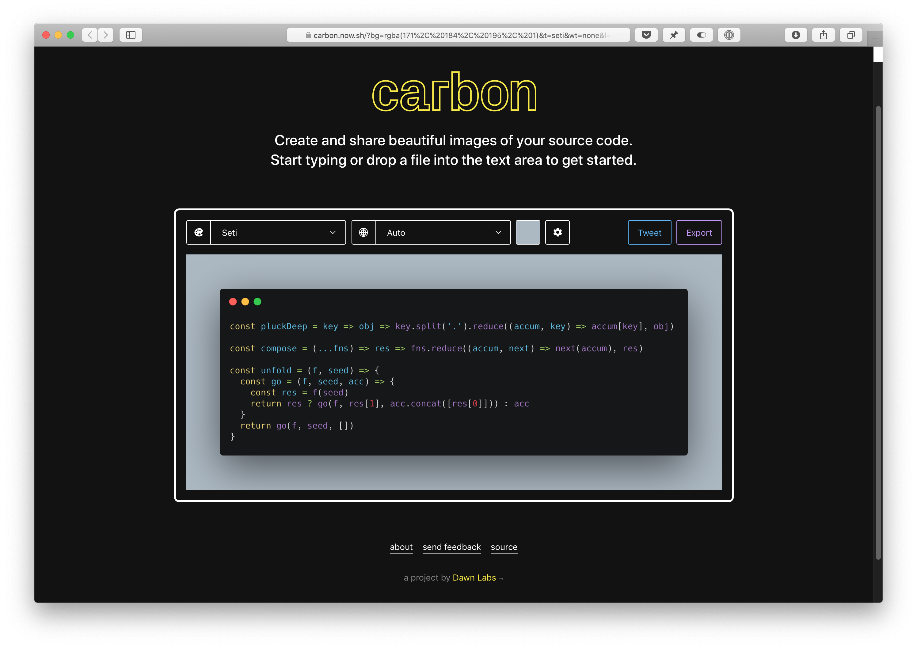 Screenshot of carbon.now.sh running in Safari