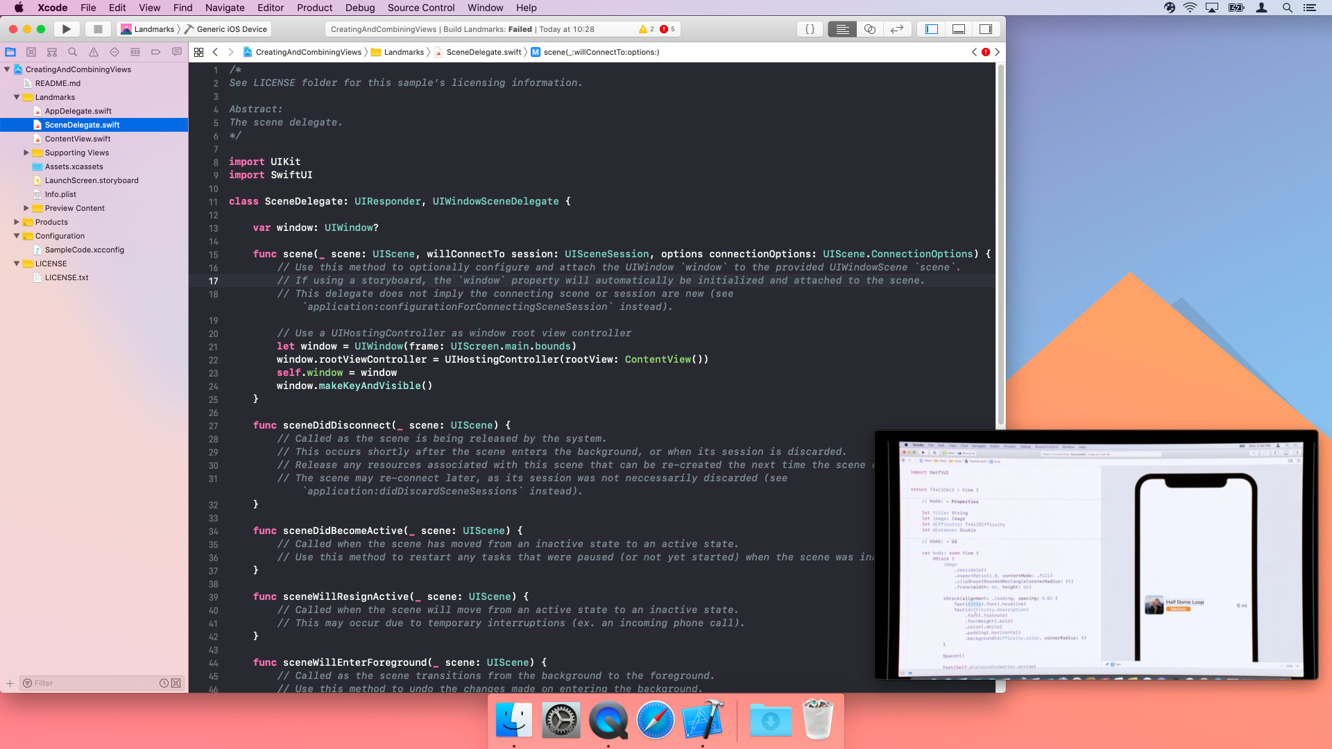 Shows a desktop coding along with a video playing in the bottom right corner