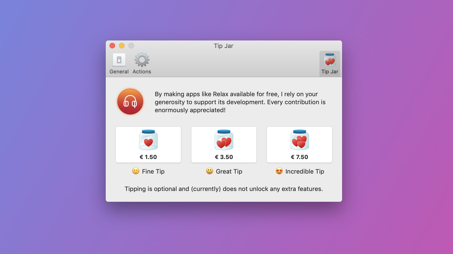 A screensot of Relax' tip jar screen
