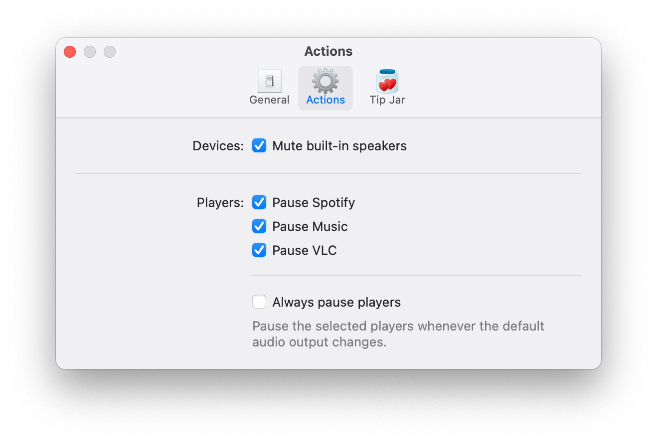 A screenshot of the new actions preferences window, showing the 'always pause players' checkbox