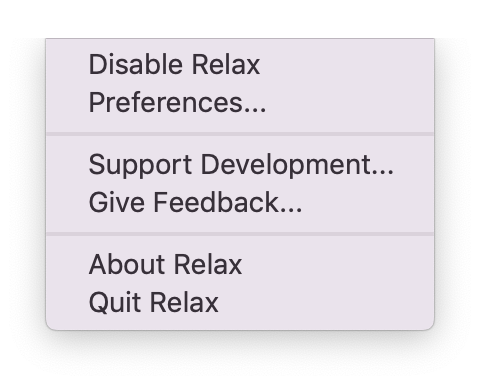 A screenshot showing Relax' menu bar menu.