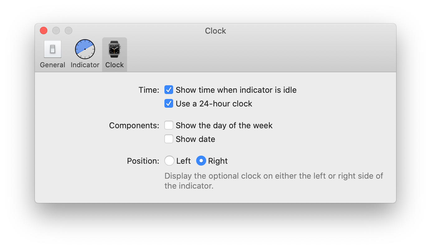 A screenshot of the indicator preferences screen of Timeless