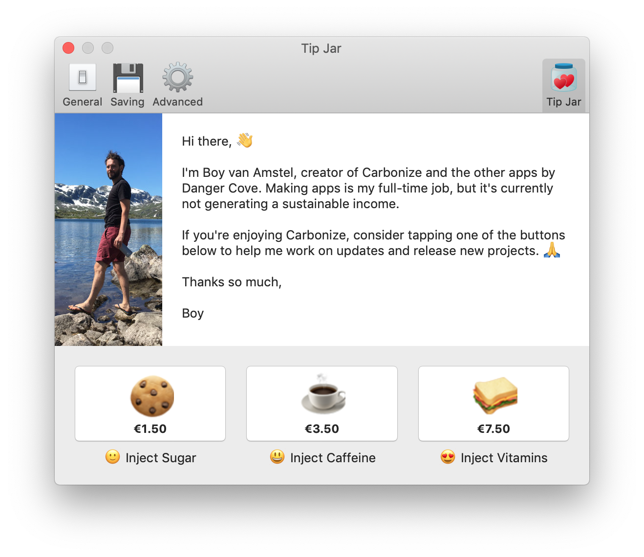 A screenshot of the new Tip Jar, showing a picture of me, text explaining why donations are most welcome and three donation options: a cookie, coffee or a sandwich