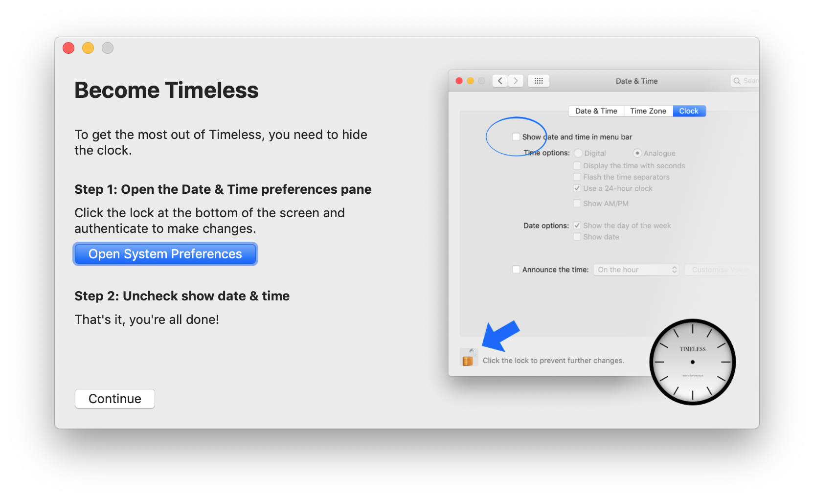 A screenshot of Timeless' setup wizard, showing how to disable the clock